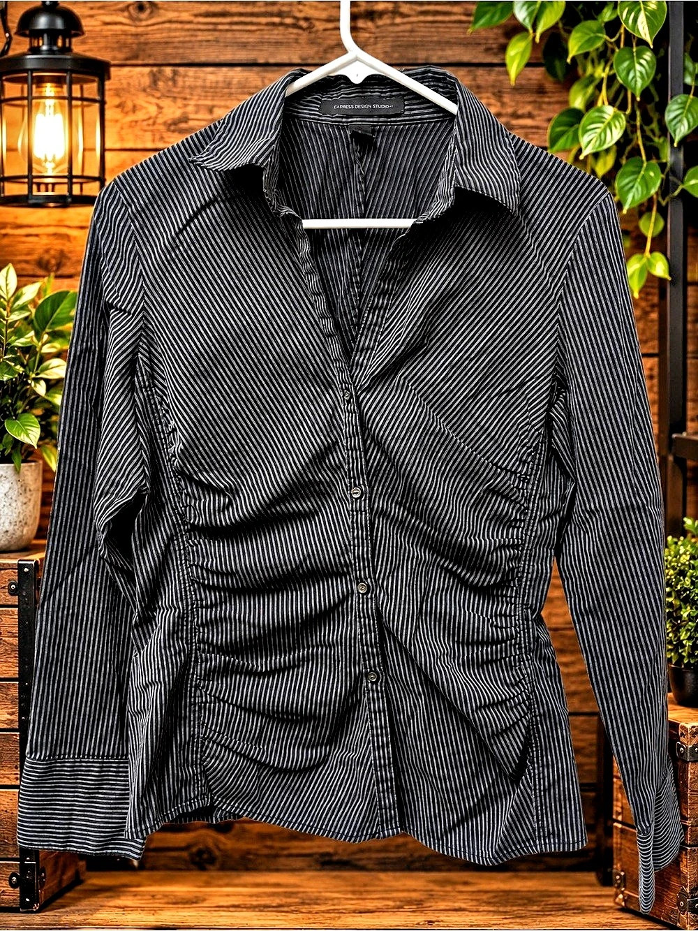 Express Design Studio Pinstripe Ruched Button-Down Shirt Striped Button Down Med